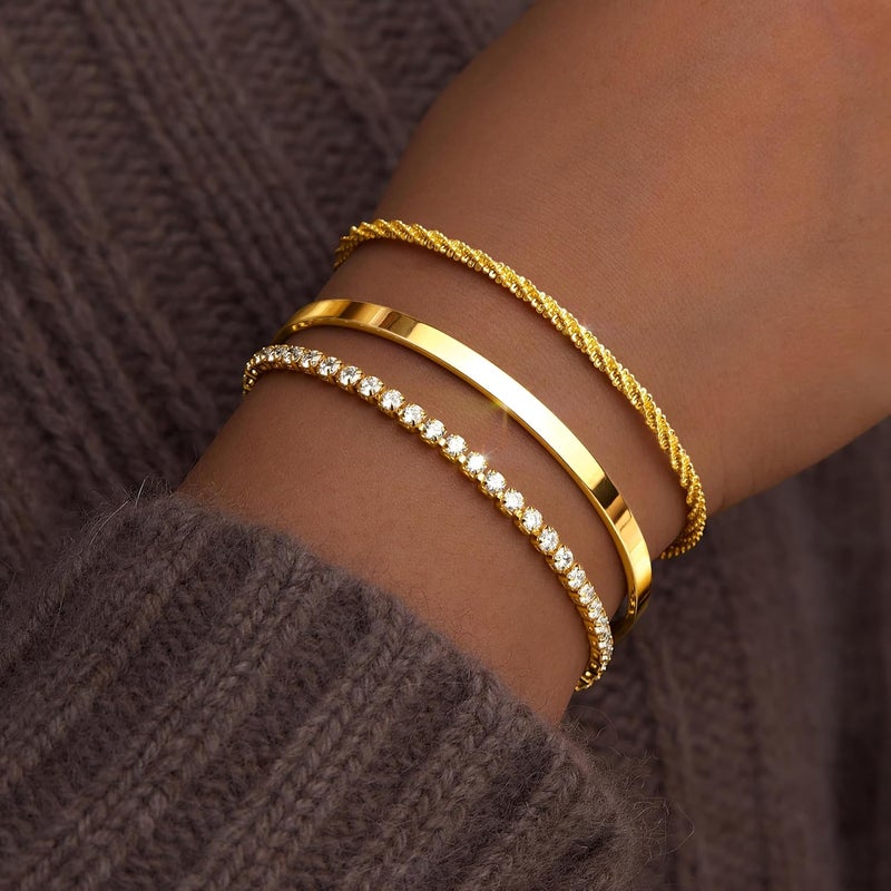 Poxtex 925 Sterling Silver Bracelets for Women Stack, 14K Gold Plated Bangle Cuff Jewelry Set Trendy, Adjustable Tennis Knot Twisted Bracelet for Wrist Essentials Women Fashion Gifts - Image 4
